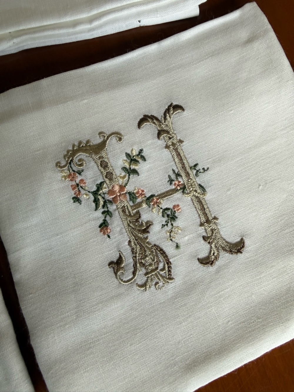 Embroidered Monogram 'H' Linen Dinner Napkins - Set of 12 - Picture 2 of 3